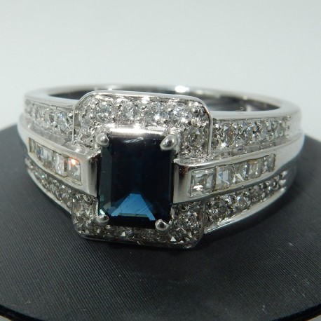 Anello fascia Zaffiro blu e Dimanti certificati in oro bianco 18kt carati