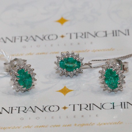 COLLANA ORECCHINI ORO BIANCO 18K SMERALDO NATURALE E DIAMANTI NATURALI